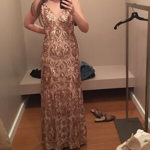 BCBGMaxAzria Sequin Embellished Maxi Dress in Gold and Cream